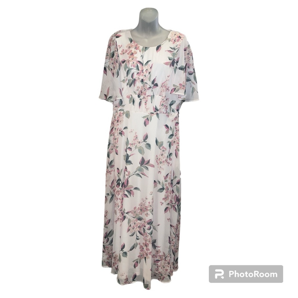 Calvin Klein Women’s Pink Floral Caplet Flutter Sleeves Maxi Chiffon Dress Sz 12 - Picture 1 of 12